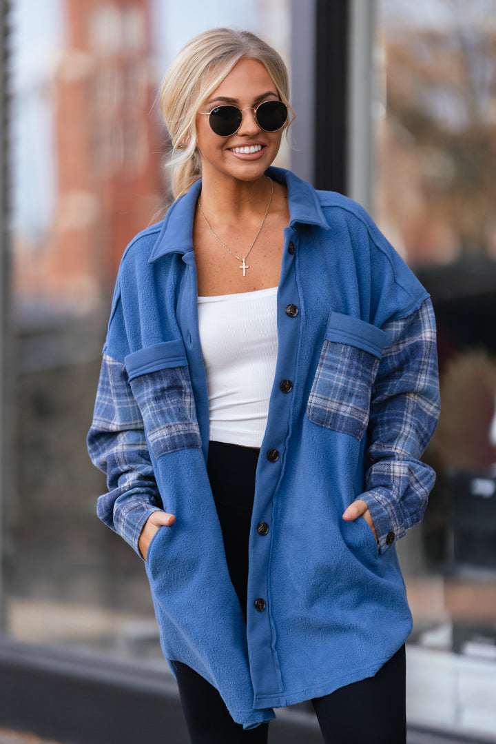 Plaid Contrast Fleece Shacket (Indigo) FINAL SALE