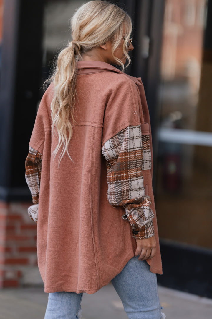 Plaid Contrast Fleece Shacket (Camel) FINAL SALE