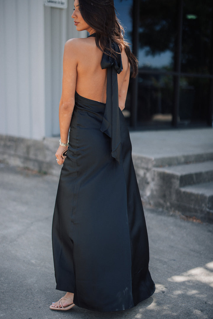 Soiree Satin Halter Maxi Dress (Black)