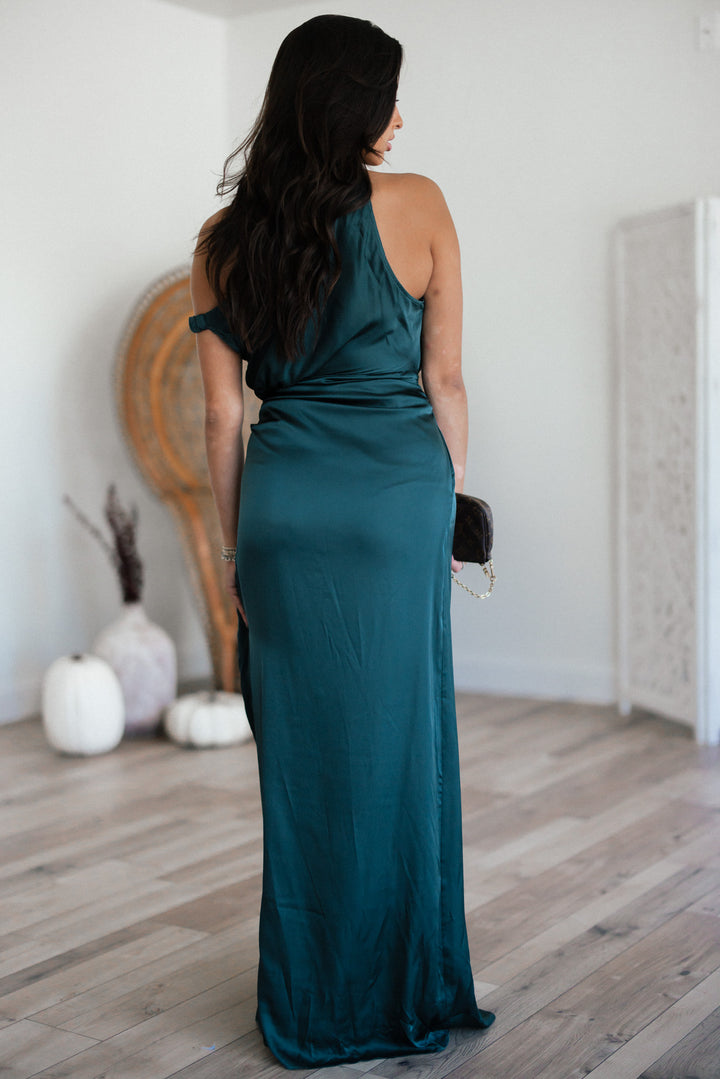 After Hours Satin One Shoulder Maxi Dress (Hunter Green)