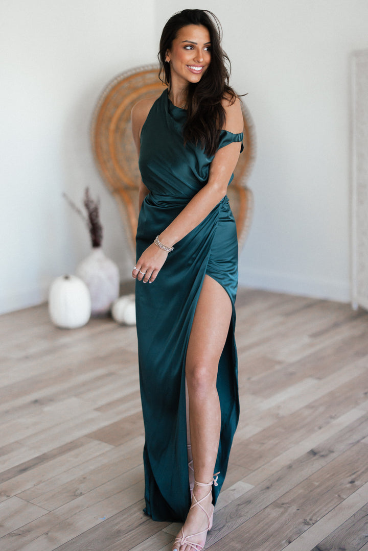 After Hours Satin One Shoulder Maxi Dress (Hunter Green)