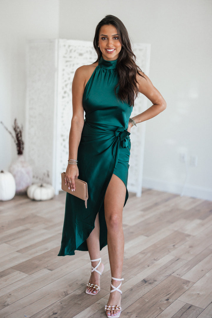 Own The Night Mock Neck Satin Dress (Hunter Green)