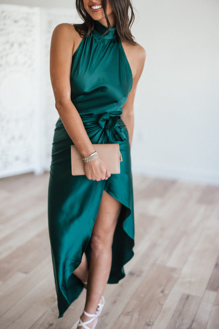 Own The Night Mock Neck Satin Dress (Hunter Green)