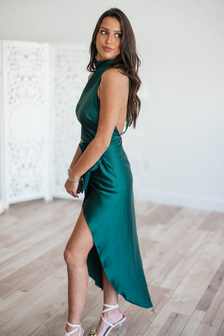 Own The Night Mock Neck Satin Dress (Hunter Green)