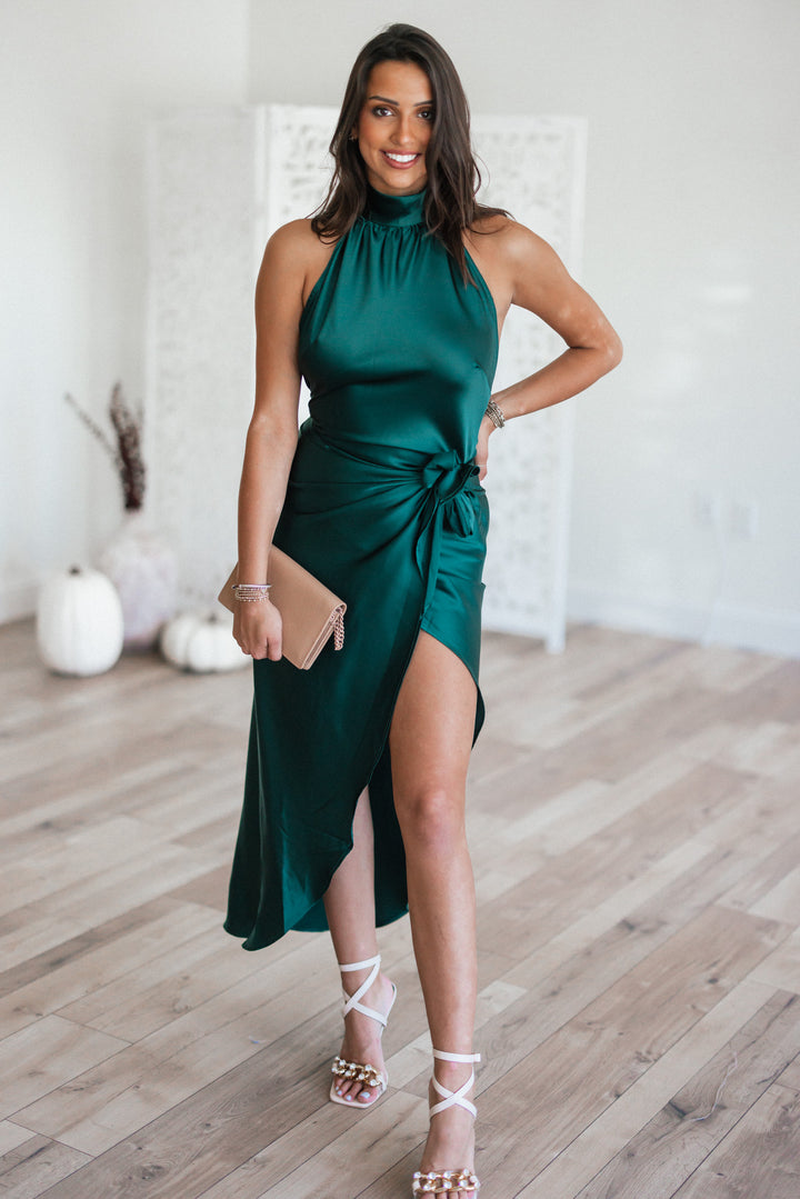 Own The Night Mock Neck Satin Dress (Hunter Green)