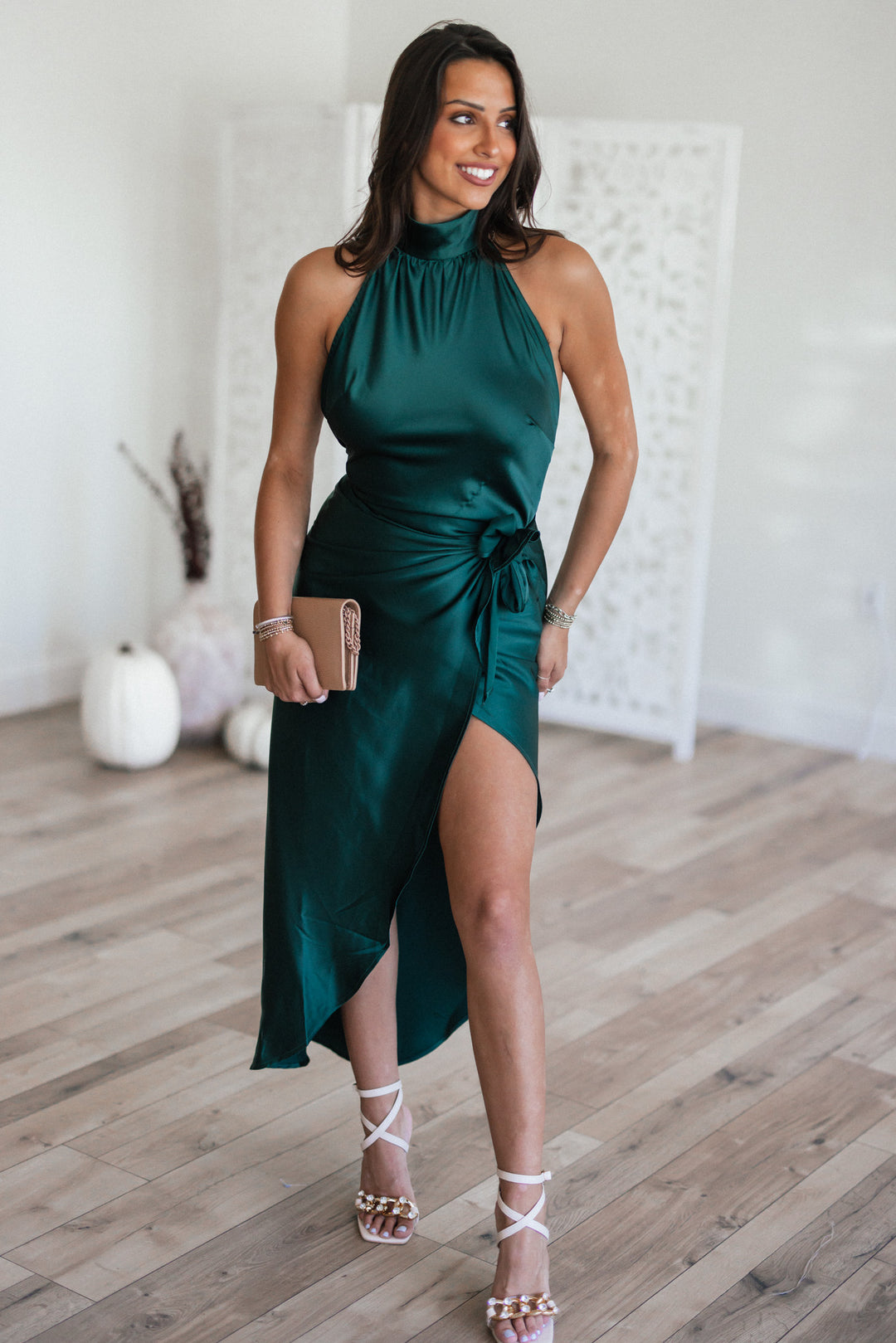 Own The Night Mock Neck Satin Dress (Hunter Green)