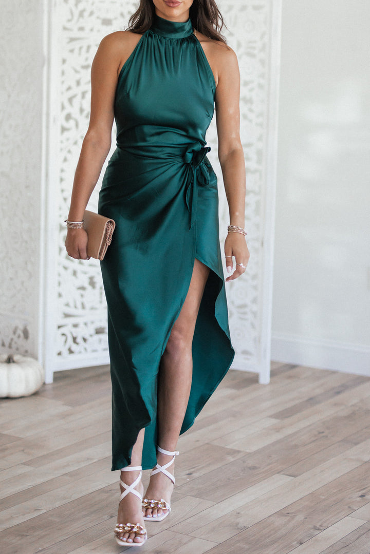 Own The Night Mock Neck Satin Dress (Hunter Green)