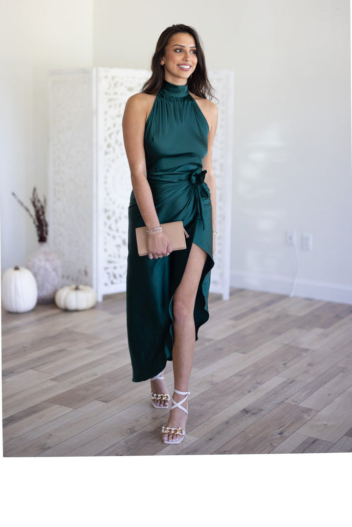 Own The Night Mock Neck Satin Dress (Hunter Green)