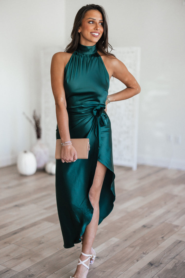 Own The Night Mock Neck Satin Dress (Hunter Green)