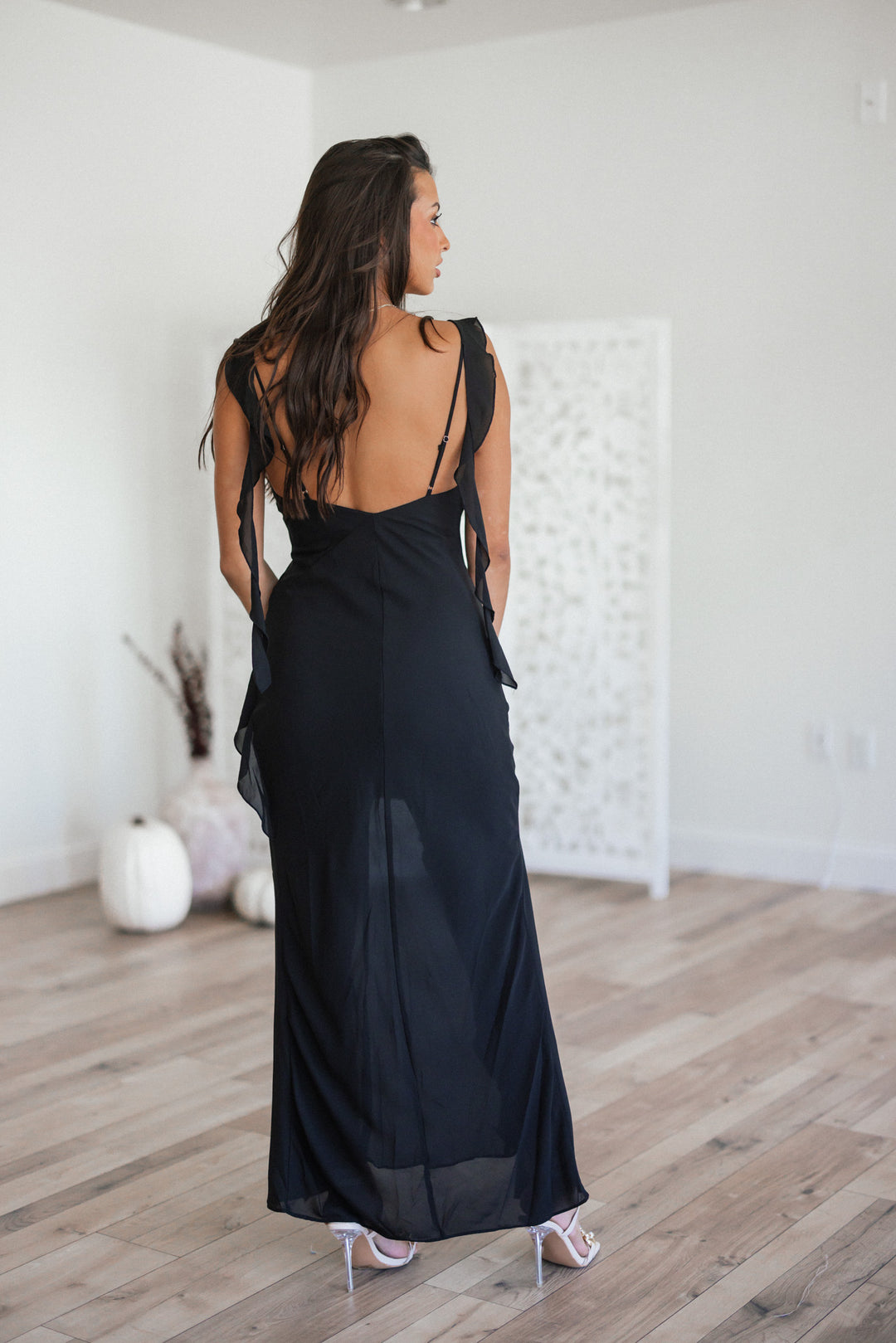 Essence Chiffon Ruffle Maxi Dress (Black)