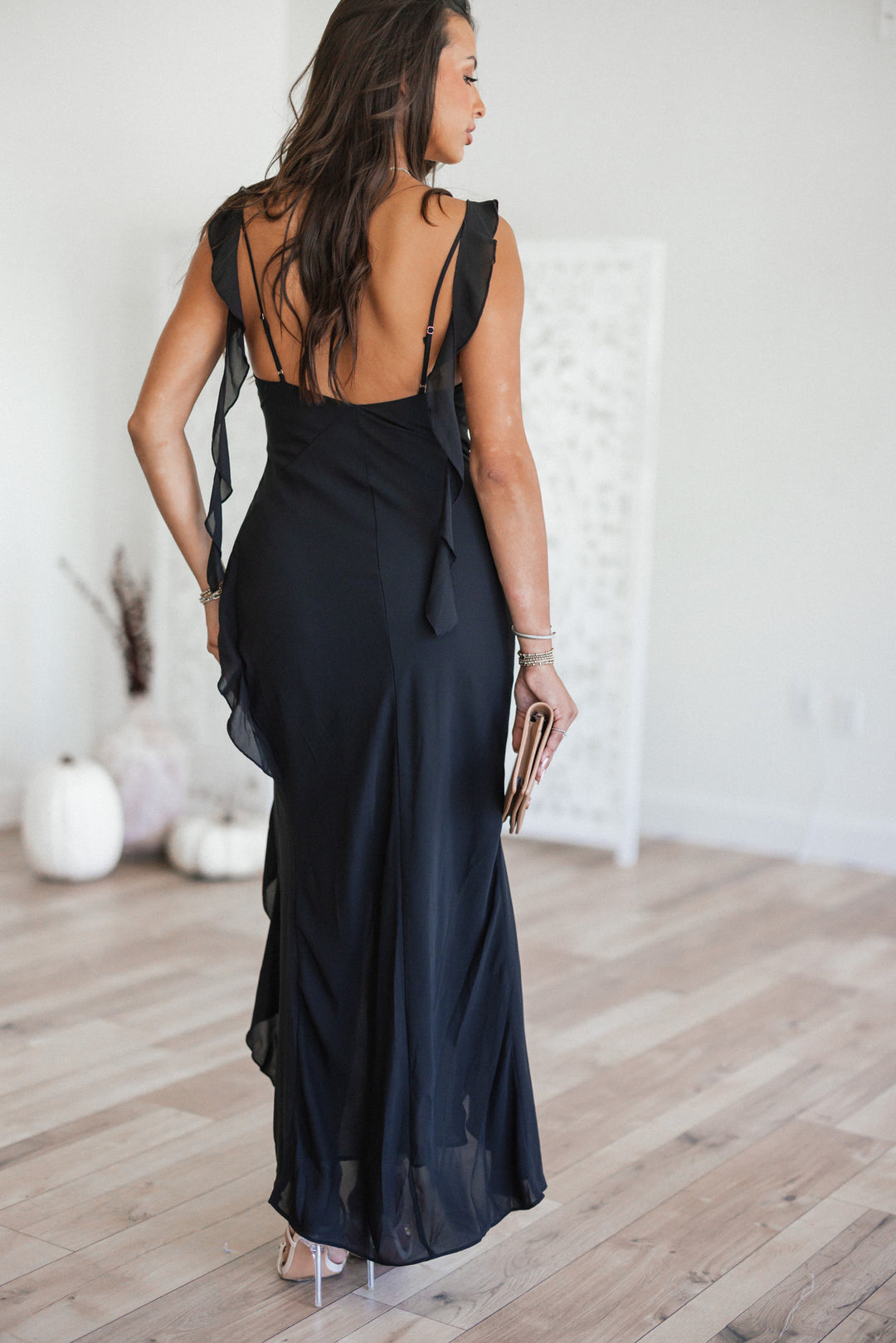 Essence Chiffon Ruffle Maxi Dress (Black)