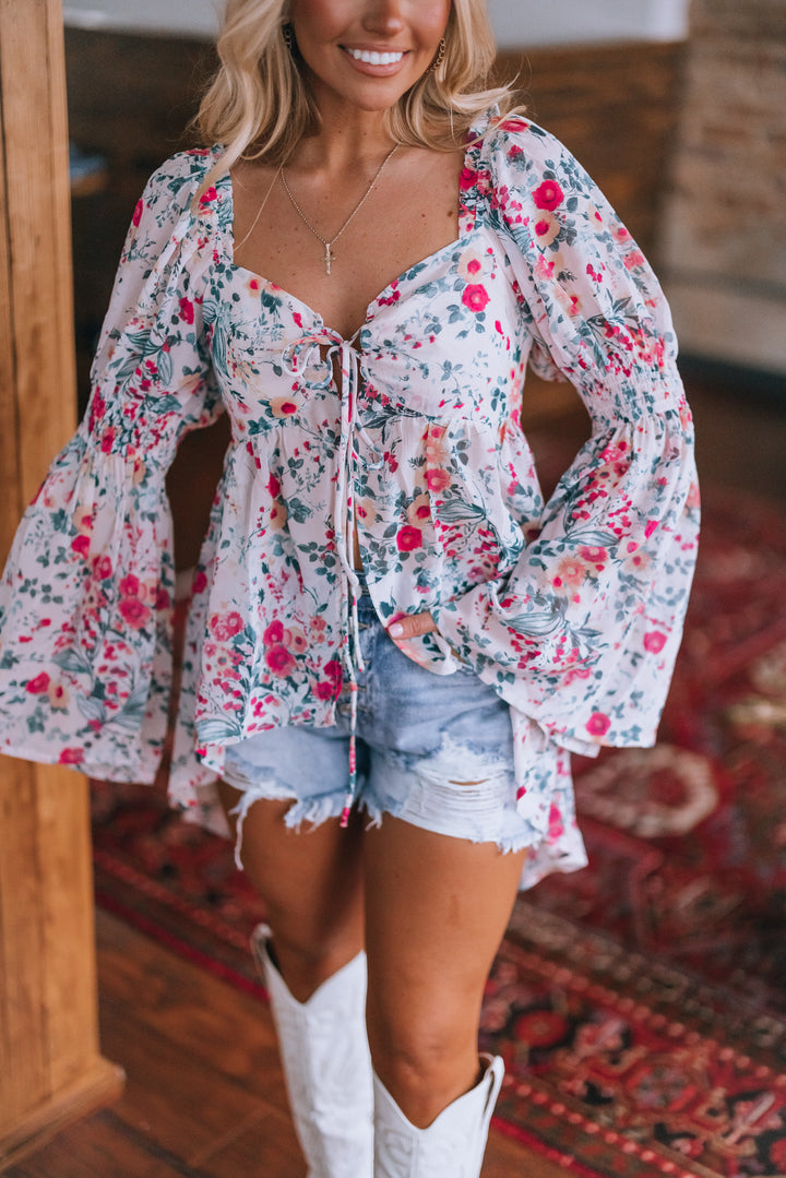 Bell Flower Chiffon Hi-Low Blouse