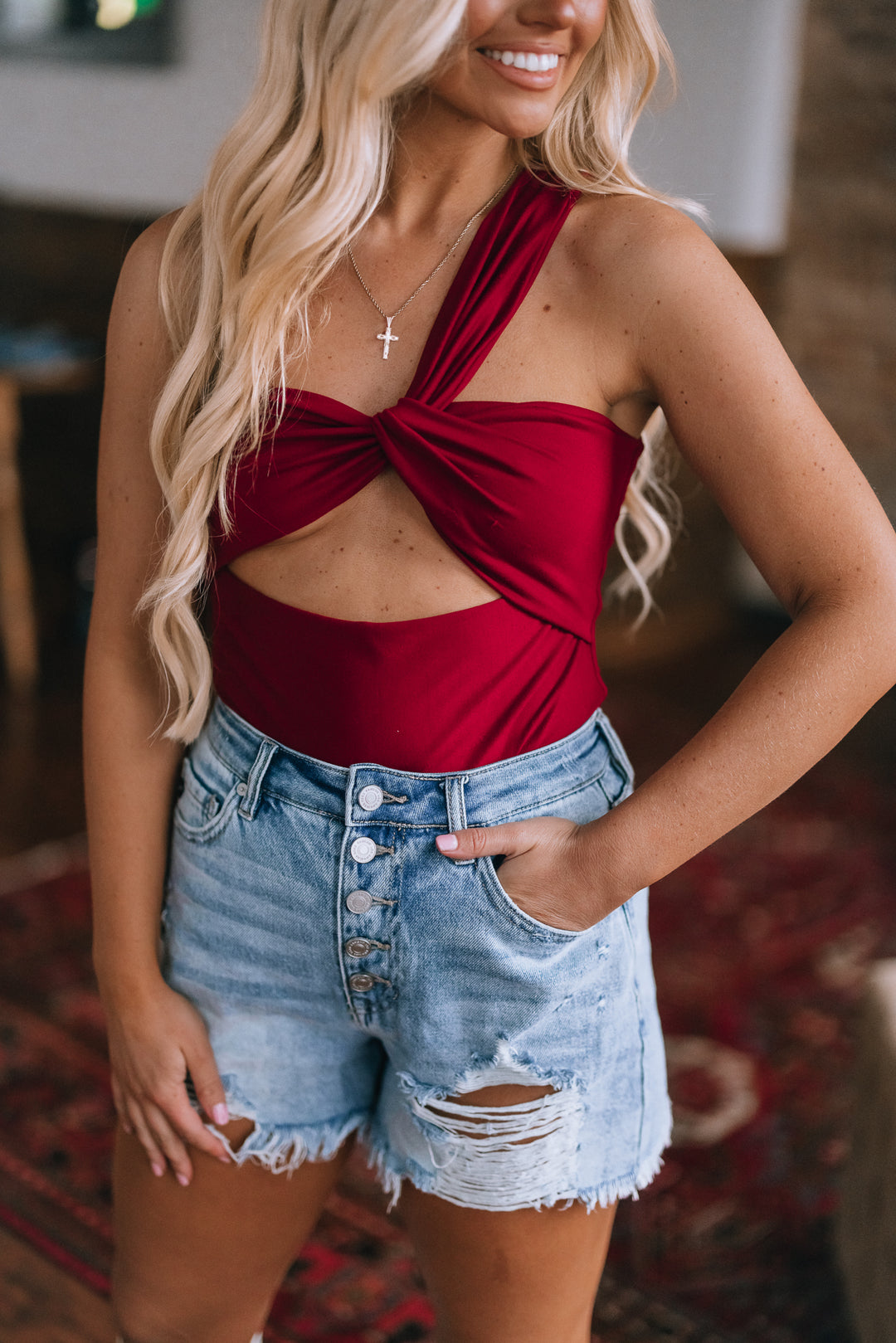 One Shoulder Reversible Bodysuit (Crimson)