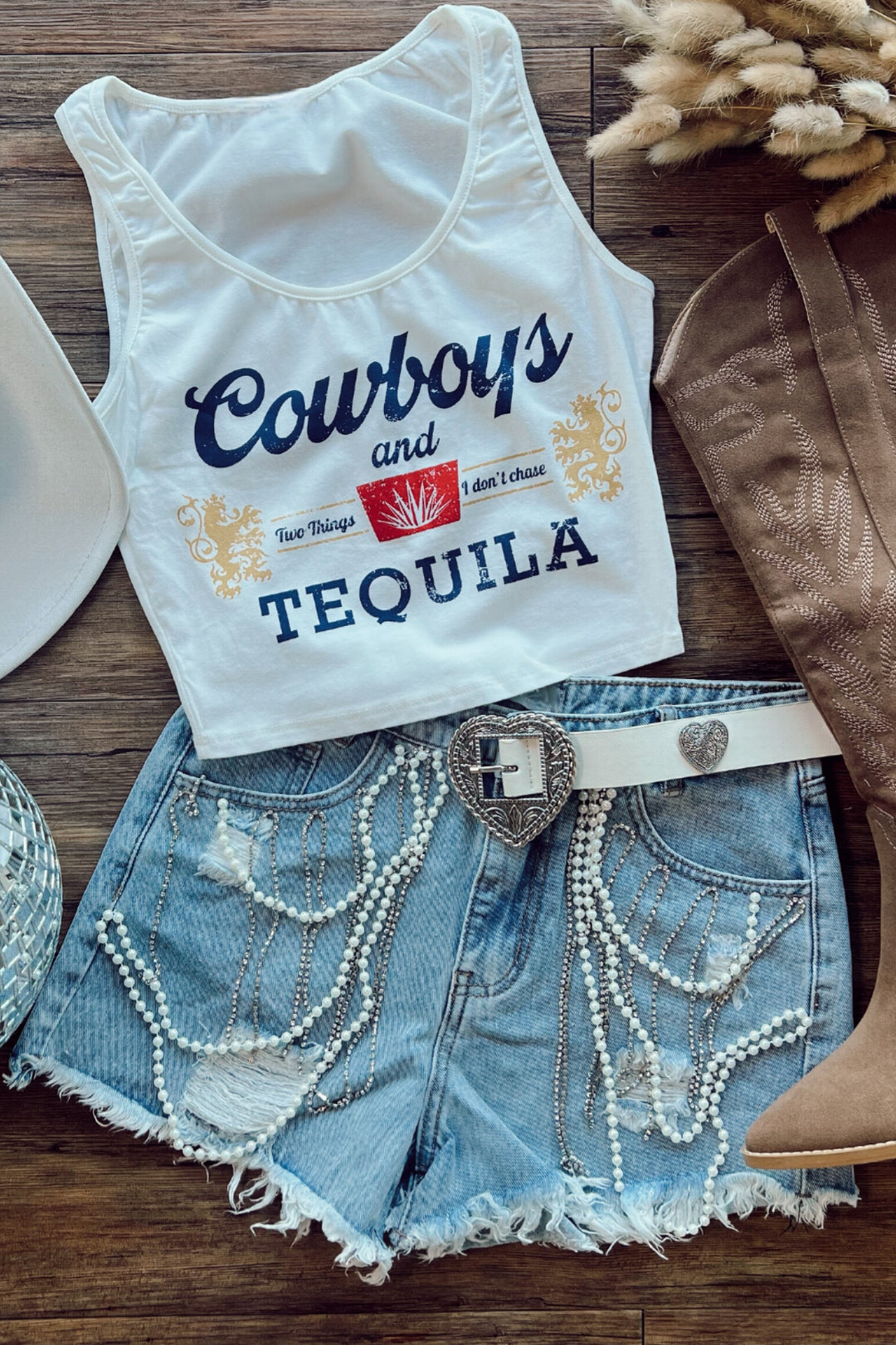 Cowboys And Tequila Crop Tank Top (Ivory)