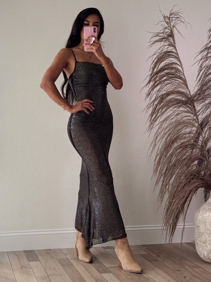 Power Move Mesh Rhinestone Maxi Dress