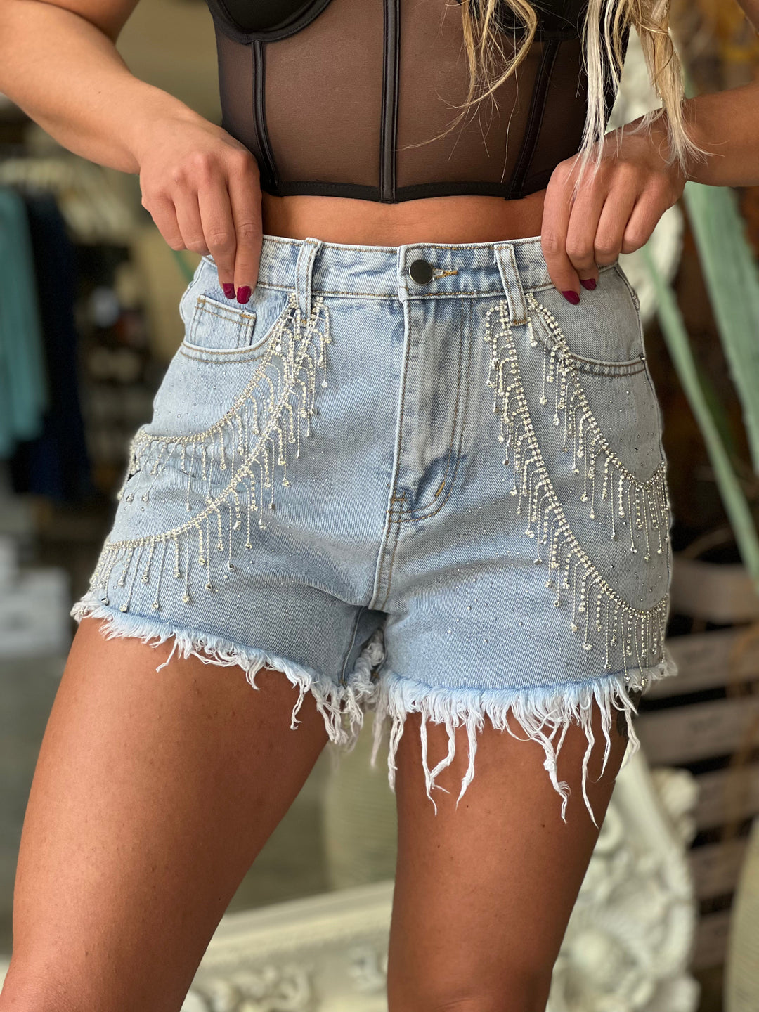 Wallen Rhinestone Shorts (Denim) FINAL SALE