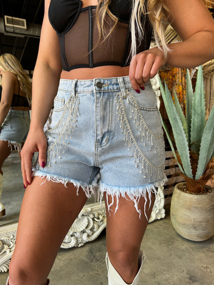 Wallen Rhinestone Shorts (Denim) FINAL SALE