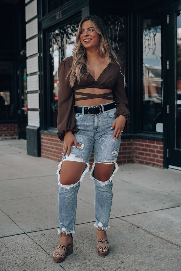 Wonder Of You Wrap Crop Top (Brown) FINAL SALE