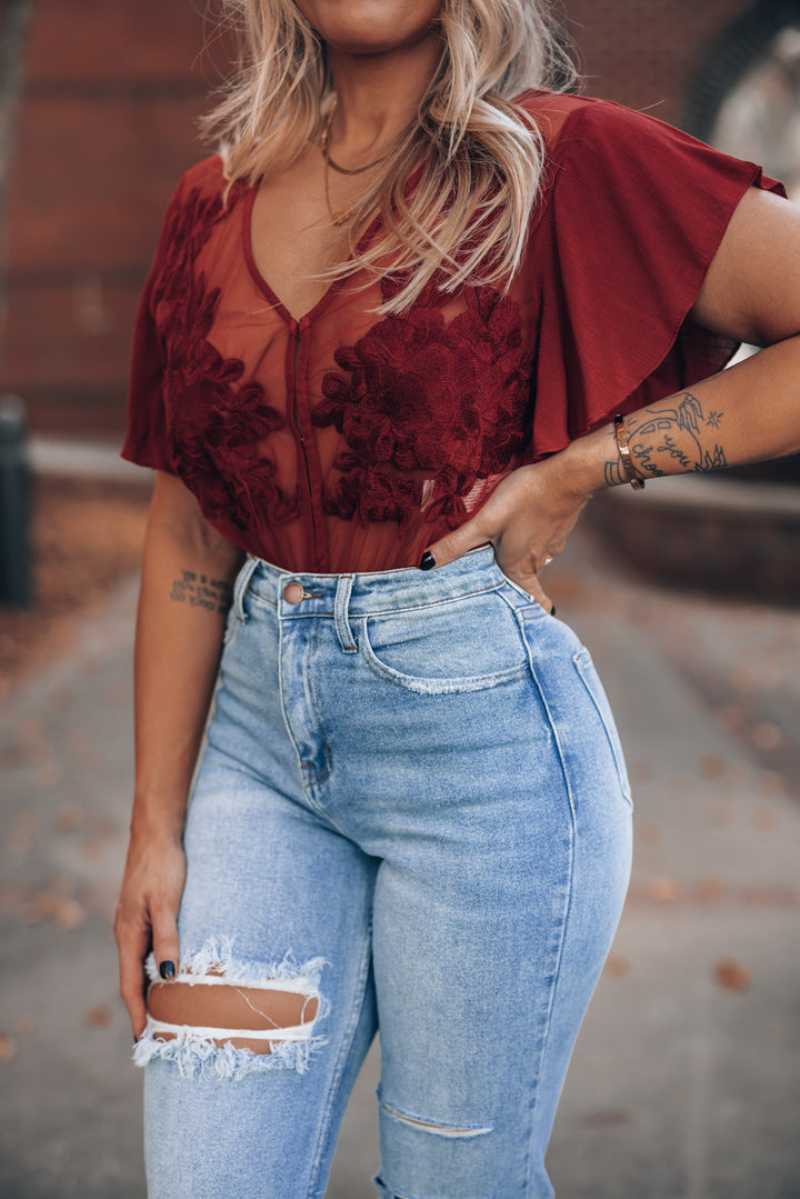 Unconditional Embroidered Bodysuit (Red) FINAL SALE