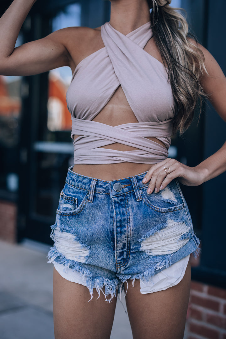 Happy Hour Wrap Crop Top (Stone) FINAL SALE